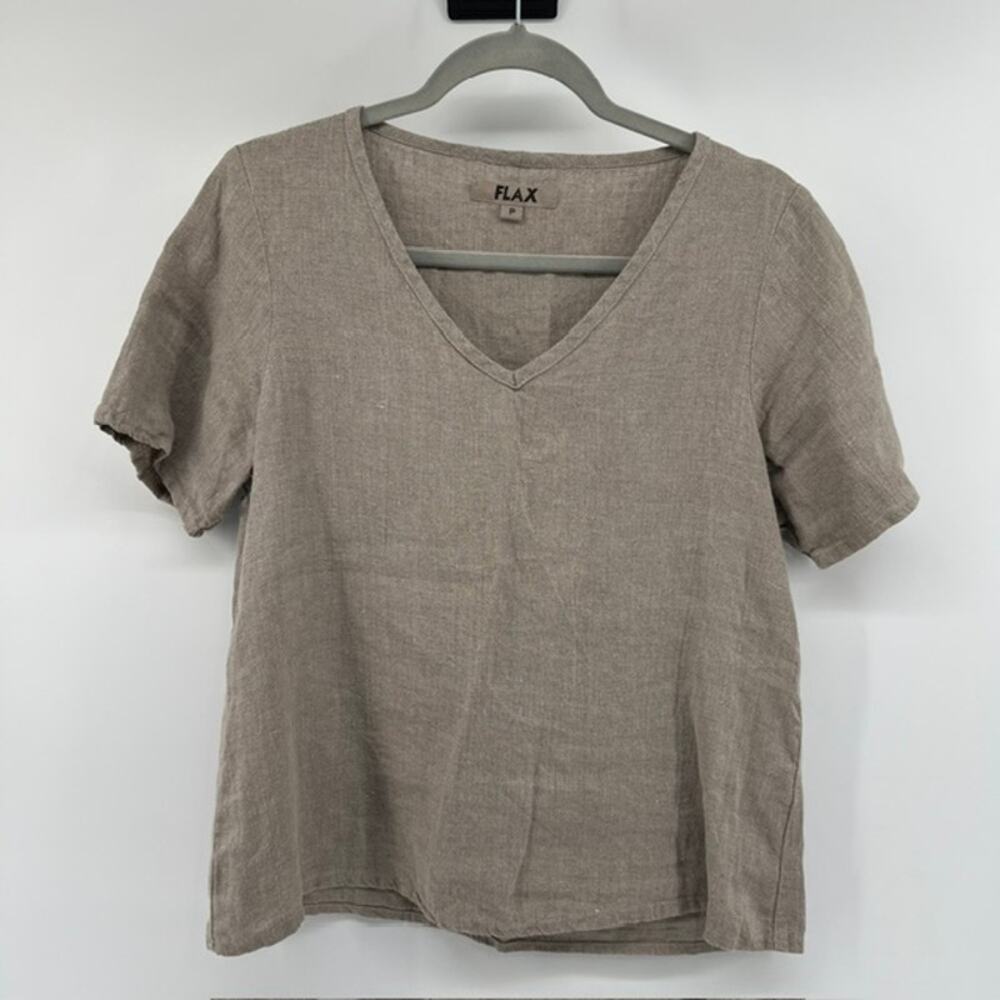 FLAX 100% Linen Short Sleeve V Neck Top Womens M-Petite Taupe Capsule Earth Tone